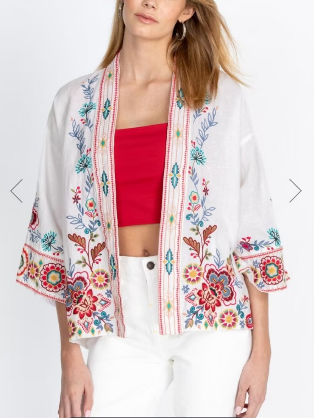 NWOT Johnny Was Sicilia Cropped Linen Embroidered Kimono Jacket Sz L, XL, 1X